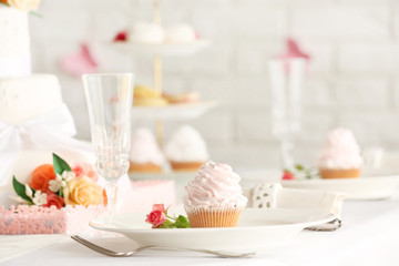 Beautiful decorated table for wedding celebration in restaurant