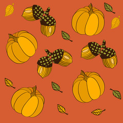 Seamless pattern with pumpkins, leaves and acorns