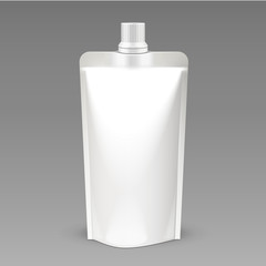 White Blank pack, Foil Food Or Drink Bag Packaging With Spout Lid. Plastic Pack Template Ready For Your Design. Vector EPS10