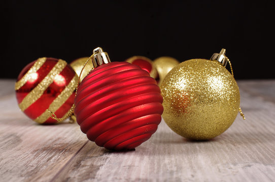 Christmas Tree Baubles On The Reclaimed Wood Background