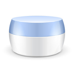 Cream, Gel Or Powder, Light White Blue Jar Can Cap Bottle. Blank On White Background Isolated. Ready For Your Design. Product Packing Vector EPS10