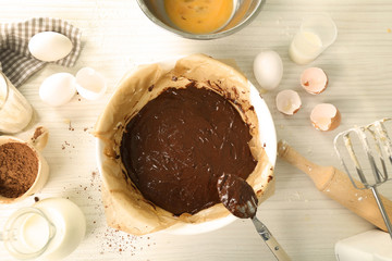 Uncooked chocolate pie on a table
