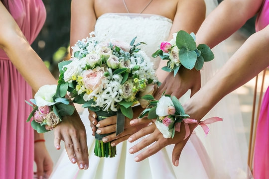 Close up of bride and bridesmans bouquet