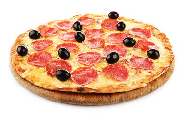 Pepperoni pizza with olives, isolated on white
