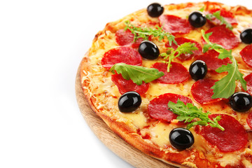 Pepperoni pizza with olives and arugula, isolated on white