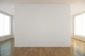 Empty light room with blank white wall in the center, mock up