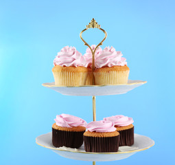 Tasty cupcakes on stand, on color background