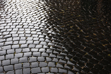 Wet stone pavement