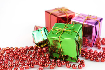 Gift boxes and ornaments isolate on white background