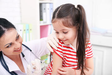 Doctor giving a child injection in the office