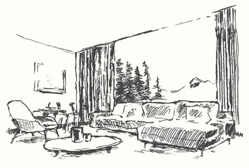 Modern interior Cozy room nature drawn sketch