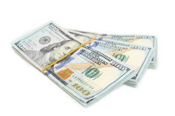Hundred dollar bills, isolated on white