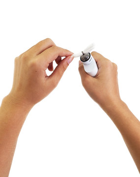 Human hand performing maintenance an electronic cigarette,vaper over white background, how to recoil vape rda
