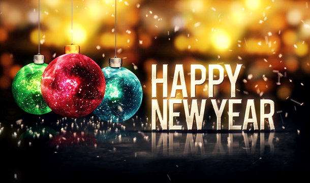 Happy New Year Hanging Baubles Gold Bokeh Beautiful 3D