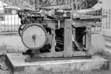 Old machine for printing in Thailand in Black and white tone