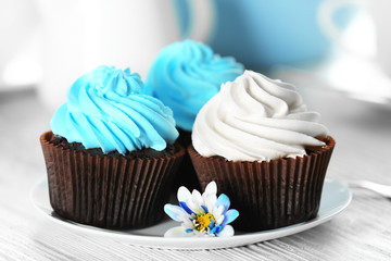 Chocolate cupcakes with colourful cream on white saucer, close up