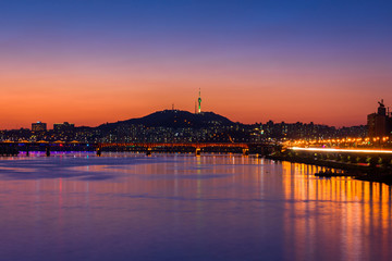 Sunset of Seoul City and Bridge at Hanriver in Seoul, South kore