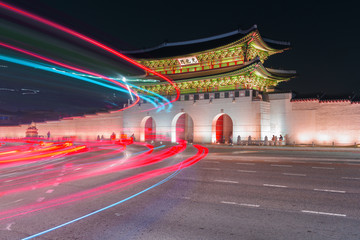 Gyeongbokgung palace at night in Seoul, South Korea.