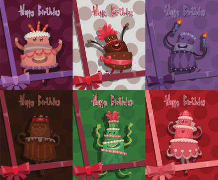 Vector Set of Cards Happy Birthday cakes. Cartoon images of greeting cards with funny Happy Birthday cakes of different shapes and colors on on different colored backgrounds with ribbons.