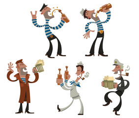 Vector Set of Drunken sailors. Cartoon image of five funny drunken sailors in a variety of clothing with beer in their hands in different poses on a light background.