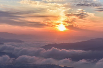 Morning sunrise and foggy of mountain in Korea