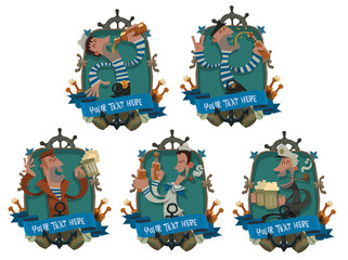 Vector set of blue oval emblems decorated with the wheel, the stars, anchors, banners and bottles of beer and with funny drunken sailors with beer in their hands on a light background.