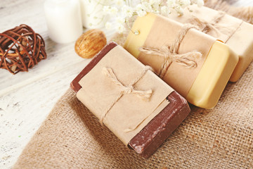 Soap set on a cloth background, close up