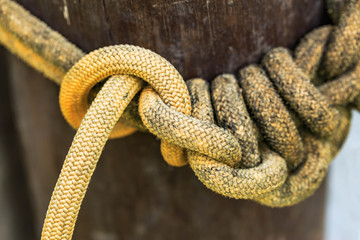 rope tied wood pole close up