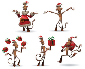 Vector Set of funny New Year's Monkeys. Cartoon image of funny New Year's brown monkeys with different attributes of the holiday in different poses on a light background.