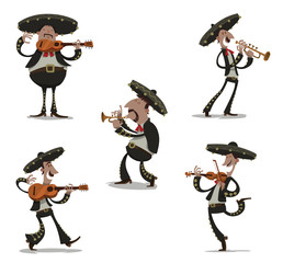 Obraz premium Vector Set of Mariachis, colored. Cartoon image of five funny colored mariachis in traditional costumes in various poses with various musical instruments in their hands on a light background.