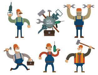 Vector Set of Strong workers in flat style. Cartoon image of strong workers in blue overalls with different tools in hands on a light background. Drawn in a flat style.