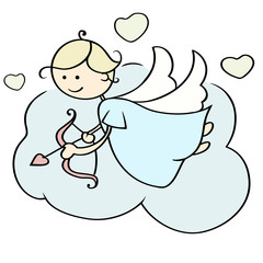 Cute cartoon happy cupid flying on cloud with arrows. Angel with bow arrows and hearts. Illustration of a Valentine's Day. Hand-drawn vector isolated on white.