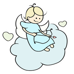 Cute cartoon happy cupid flying on cloud. Funny little Angel with arrows and hearts aiming at someone. Illustration of a Valentine's Day. Hand-drawn vector isolated on white.
