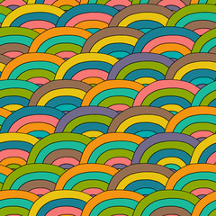 Seamless bright background. Decorative geometric pattern with doodle circle waves. Seamless pattern can be used for wallpaper, surface textures, kids design. Hand-drawn vector illustration.