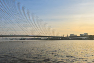 Rama VIII Bridge at the early morning in Bangkok and Chopraya ri