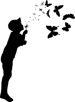 child silhouette blowing on black dandelion