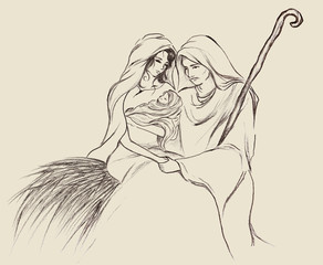 Holy family Christmas line art hand drawn illustration Mary Joseph and Jesus on brown colour background