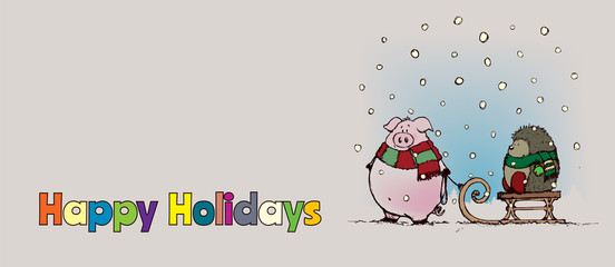 Pig and hedgehog with scarfs.Sweet looking cartoon characters.Winter scene Christmas card illustration