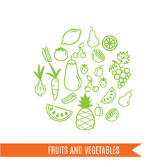 Vector line drawing of fruits and vegetables.