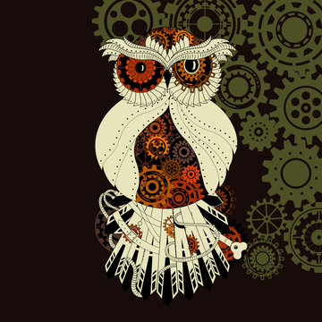 Steampunk outline vector owl with gear. Metallic steam punk owl 