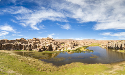 Fototapeta na wymiar Paradise landscape, lake and strange rock formations, Bolivia
