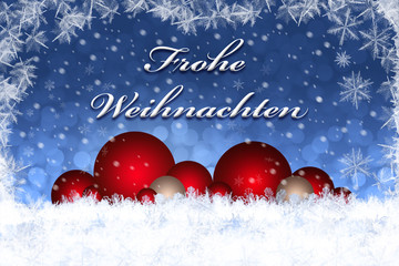 Naklejka na ściany i meble Frohe Weihnachten mit verschneitem Himmel und Christbaumkugeln-Grusskarte