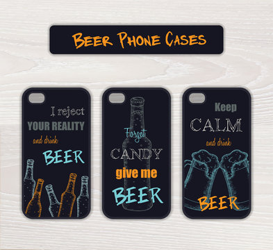 Vector Set Of Vintage Hand Drawn Phone Case Made In Beer Theme With Funny Label On Wooden Desk