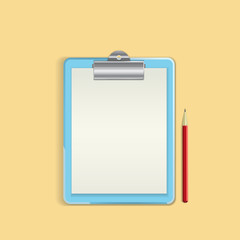Clipboard with blank paper sheet and pencil Vector illustration. Overhead point of view. Mock up, copy space, vector design template.