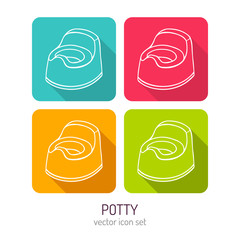 Vector line art potty icon set in four color variations with long shadows