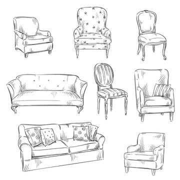 set of hand drawn chairs and sofas, vector illustration