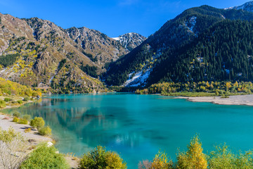 Naklejka na ściany i meble Alpine lake Issyk, Issyk gorge, Zailiyskiy Alatau, Almaty, Kazakhstan.