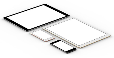 Set of tablet computer isolated on white background, with blank screen mockup, isolated. Whole render in focus. Template, mockup.