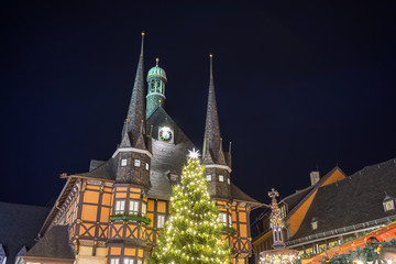 Evening street view of a town Wernigerode in the district of Harz, Saxony-Anhalt, Germany.
