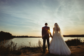 gorgeous stylish happy blonde bride and  elegant groom  looking